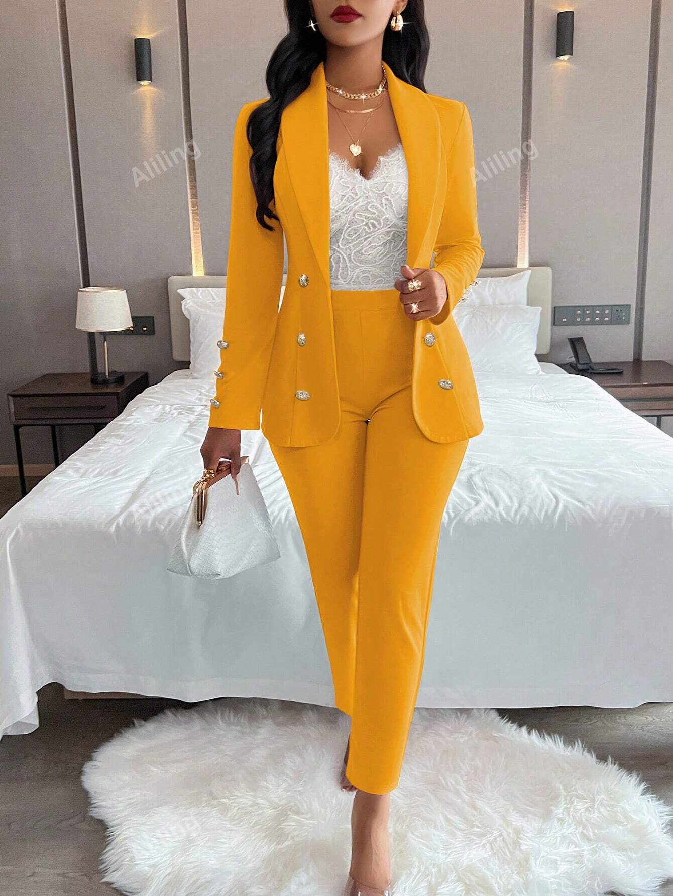 Ladies' Plain Simple Everyday Double-Breasted Long Sleeve Suit Jacket And Pants Suit Set - WestLine Apparel
