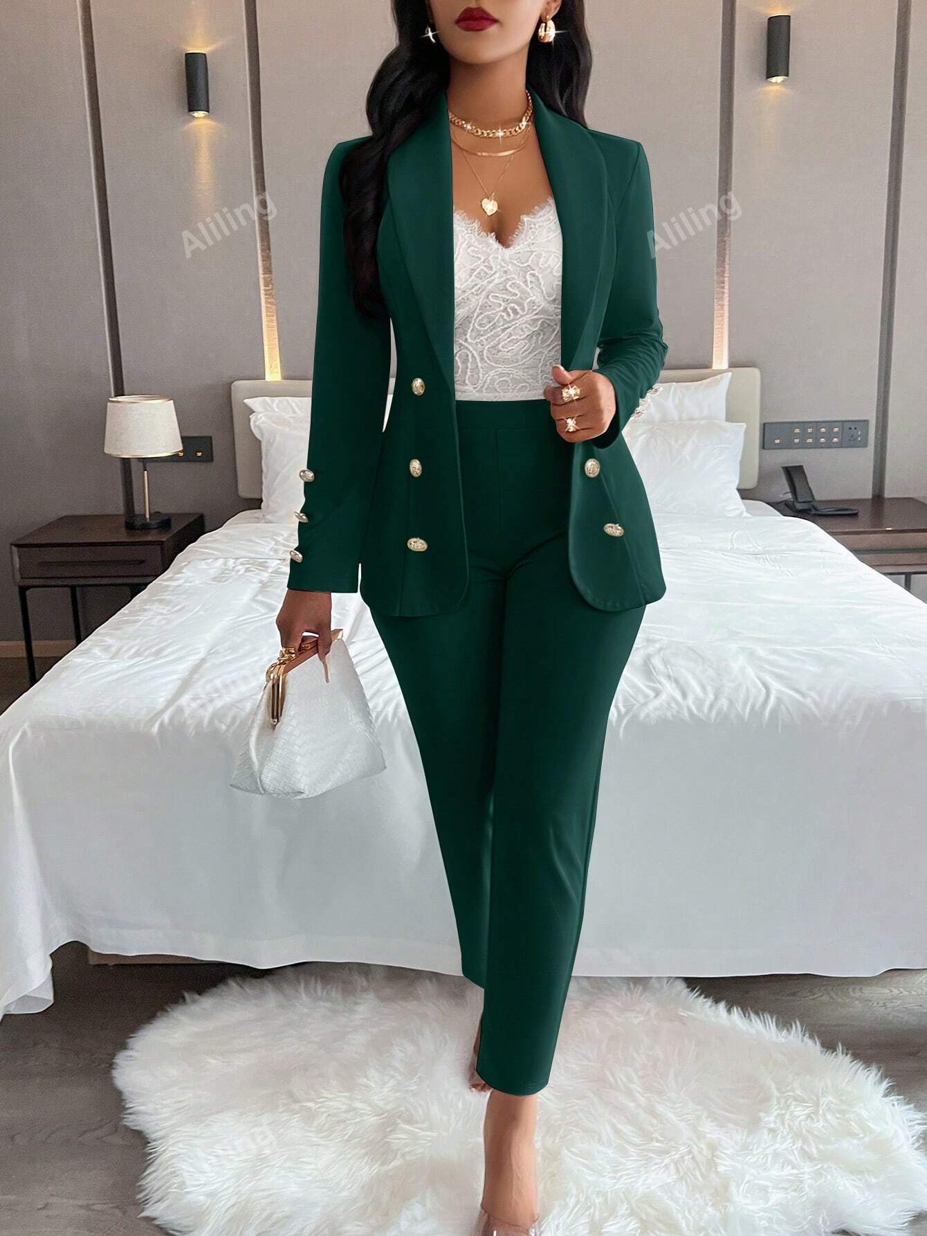 Ladies' Plain Simple Everyday Double-Breasted Long Sleeve Suit Jacket And Pants Suit Set - WestLine Apparel