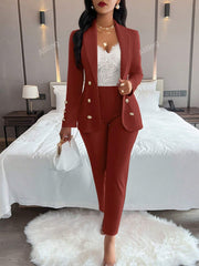 Ladies' Plain Simple Everyday Double-Breasted Long Sleeve Suit Jacket And Pants Suit Set - WestLine Apparel