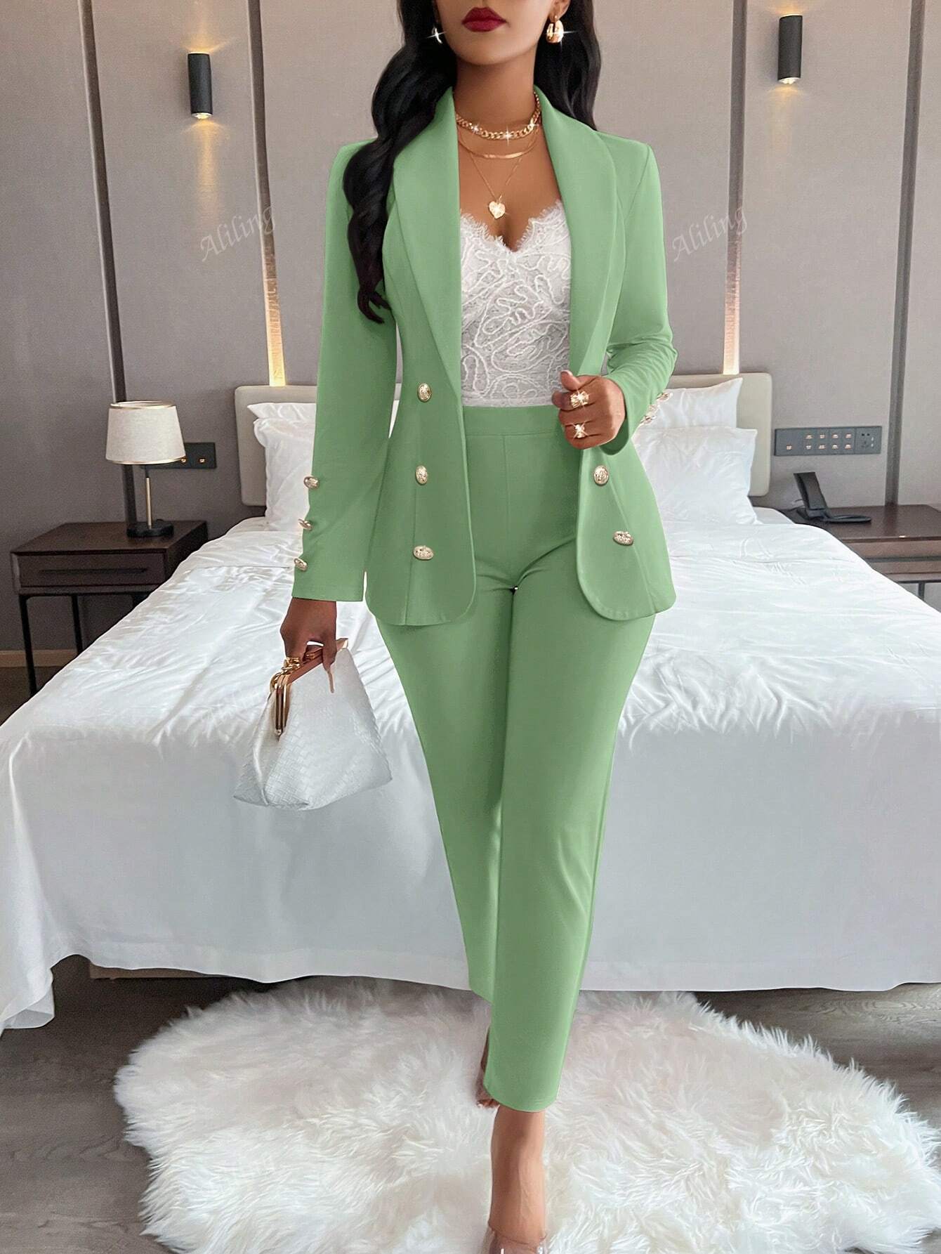Ladies' Plain Simple Everyday Double-Breasted Long Sleeve Suit Jacket And Pants Suit Set - WestLine Apparel