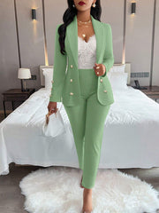 Ladies' Plain Simple Everyday Double-Breasted Long Sleeve Suit Jacket And Pants Suit Set - WestLine Apparel