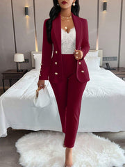 Ladies' Plain Simple Everyday Double-Breasted Long Sleeve Suit Jacket And Pants Suit Set - WestLine Apparel
