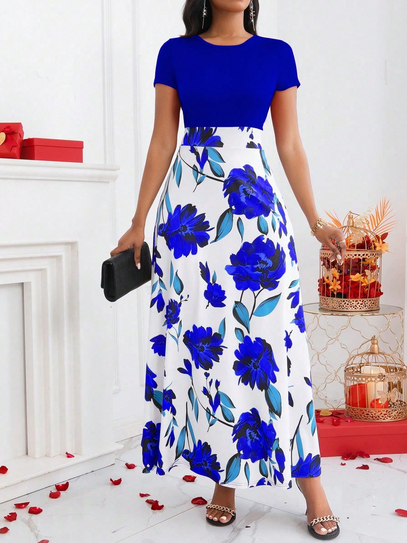 Lady Color-Block Flower Printed Empire Waist Dress - WestLine Apparel