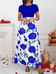 Lady Color-Block Flower Printed Empire Waist Dress - WestLine Apparel