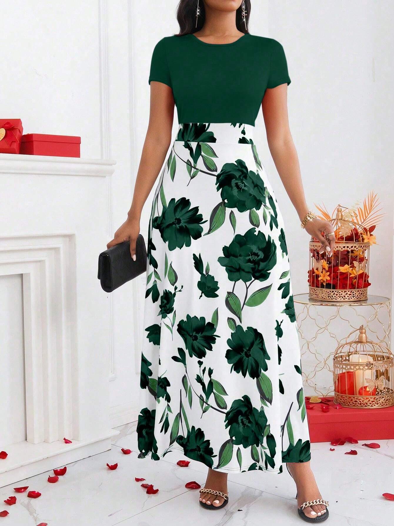 Lady Color-Block Flower Printed Empire Waist Dress - WestLine Apparel