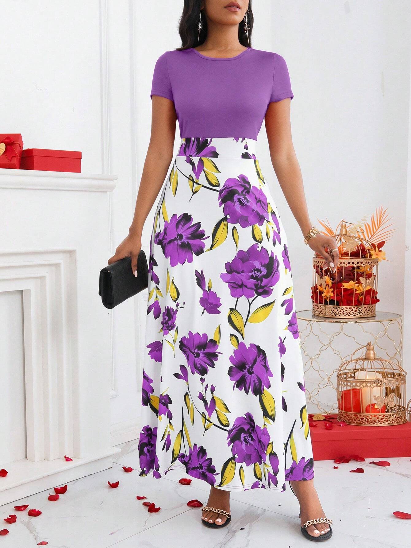 Lady Color-Block Flower Printed Empire Waist Dress - WestLine Apparel