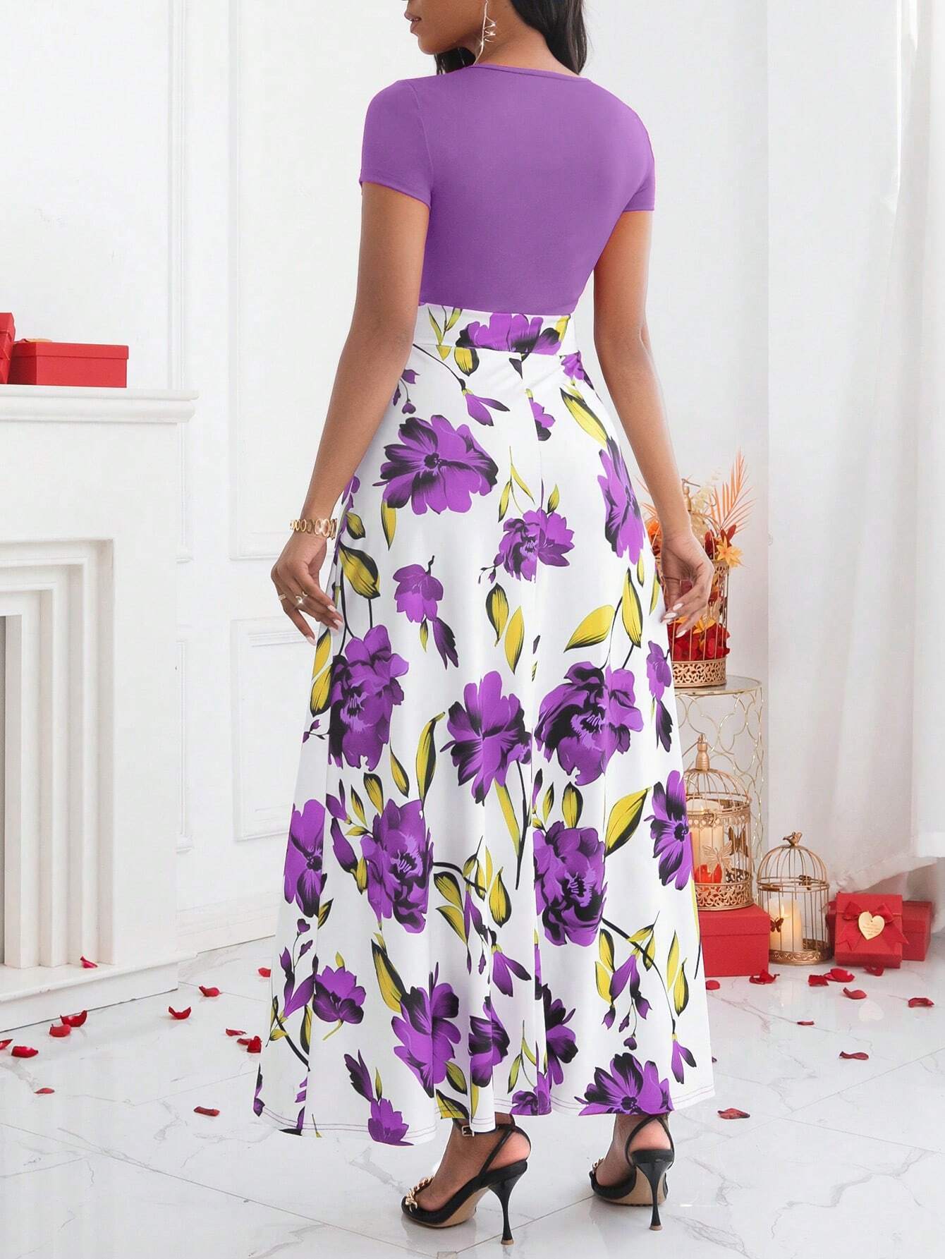 Lady Color-Block Flower Printed Empire Waist Dress - WestLine Apparel