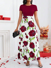 Lady Color-Block Flower Printed Empire Waist Dress - WestLine Apparel