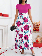 Lady Color-Block Flower Printed Empire Waist Dress - WestLine Apparel