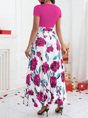 Lady Color-Block Flower Printed Empire Waist Dress - WestLine Apparel