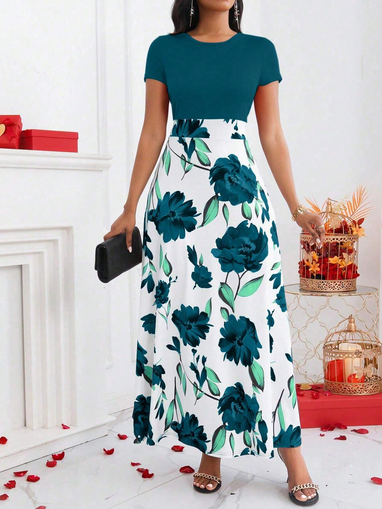 Lady Color-Block Flower Printed Empire Waist Dress - WestLine Apparel
