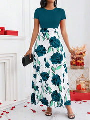 Lady Color-Block Flower Printed Empire Waist Dress - WestLine Apparel