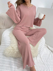 Lettuce Trim Trumpet Sleeve PJ Set / Pajama Set - WestLine Apparel