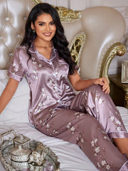 LuxeNights Color-Block Flower Printed Silk-Like Pajama Set With Edging - WestLine Apparel