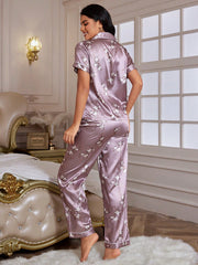 LuxeNights Color-Block Flower Printed Silk-Like Pajama Set With Edging - WestLine Apparel