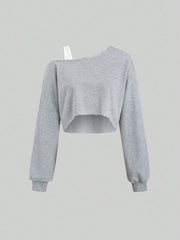 MOOSTA Colorblock Asymmetrical Neck Cropped Women's Sweatshirt - WestLine Apparel