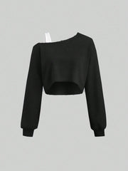 MOOSTA Colorblock Asymmetrical Neck Cropped Women's Sweatshirt - WestLine Apparel