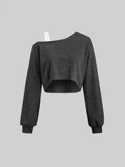 MOOSTA Colorblock Asymmetrical Neck Cropped Women's Sweatshirt - WestLine Apparel
