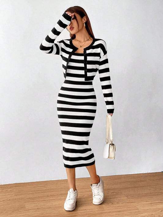 MOOSTA Striped Pattern Drop Shoulder Cardigan & Knit Skirt - WestLine Apparel