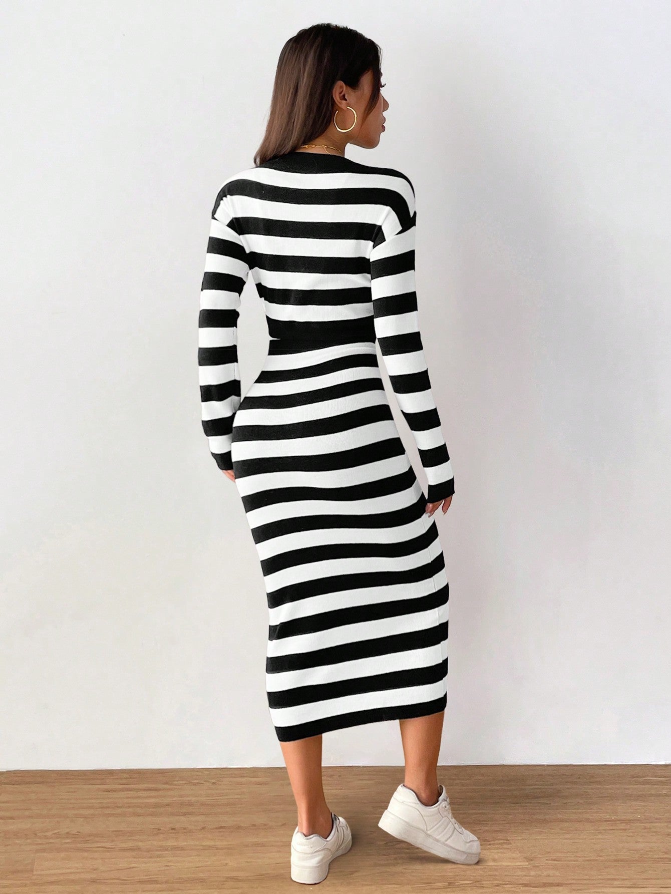 MOOSTA Striped Pattern Drop Shoulder Cardigan & Knit Skirt - WestLine Apparel