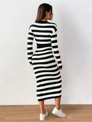 MOOSTA Striped Pattern Drop Shoulder Cardigan & Knit Skirt - WestLine Apparel