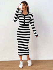 MOOSTA Striped Pattern Drop Shoulder Cardigan & Knit Skirt - WestLine Apparel