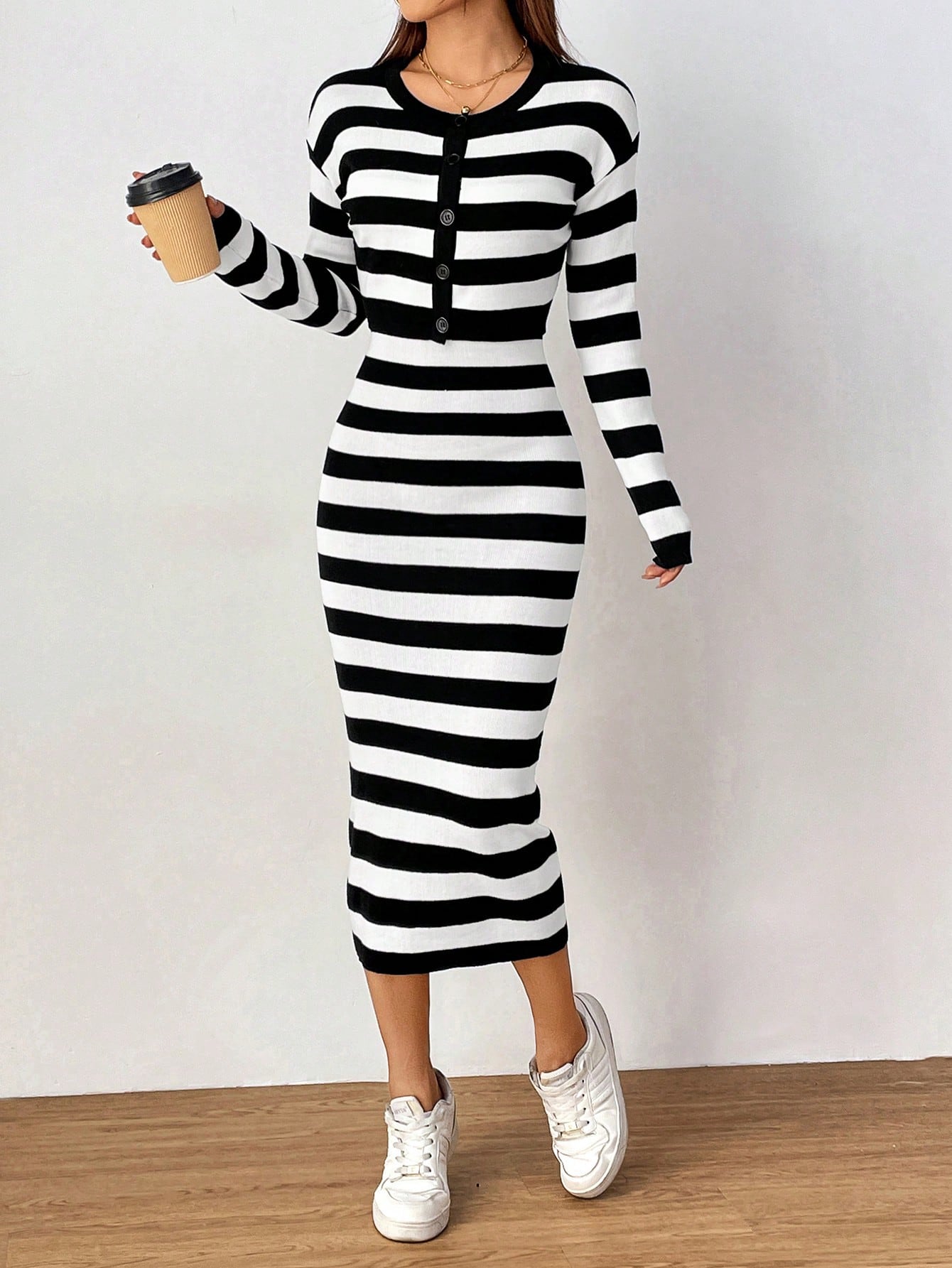 MOOSTA Striped Pattern Drop Shoulder Cardigan & Knit Skirt - WestLine Apparel