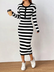 MOOSTA Striped Pattern Drop Shoulder Cardigan & Knit Skirt - WestLine Apparel