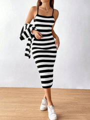 MOOSTA Striped Pattern Drop Shoulder Cardigan & Knit Skirt - WestLine Apparel