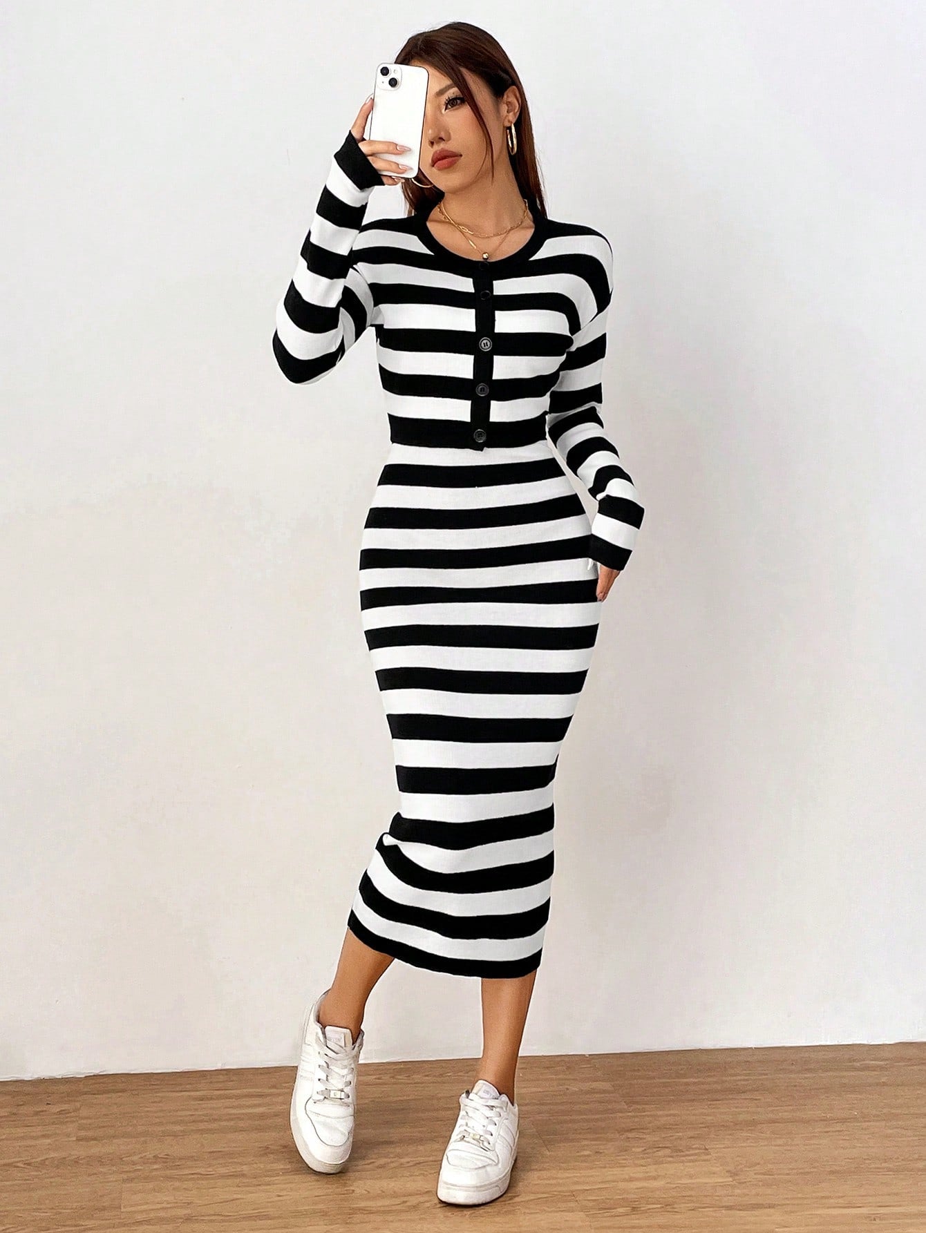 MOOSTA Striped Pattern Drop Shoulder Cardigan & Knit Skirt - WestLine Apparel