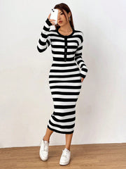 MOOSTA Striped Pattern Drop Shoulder Cardigan & Knit Skirt - WestLine Apparel