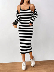 MOOSTA Striped Pattern Drop Shoulder Cardigan & Knit Skirt - WestLine Apparel