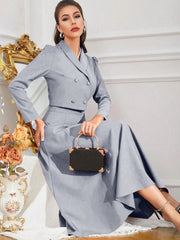 Modely Solid Color Shawl Collar Double Breasted Blouse And Skirt Suit - WestLine Apparel
