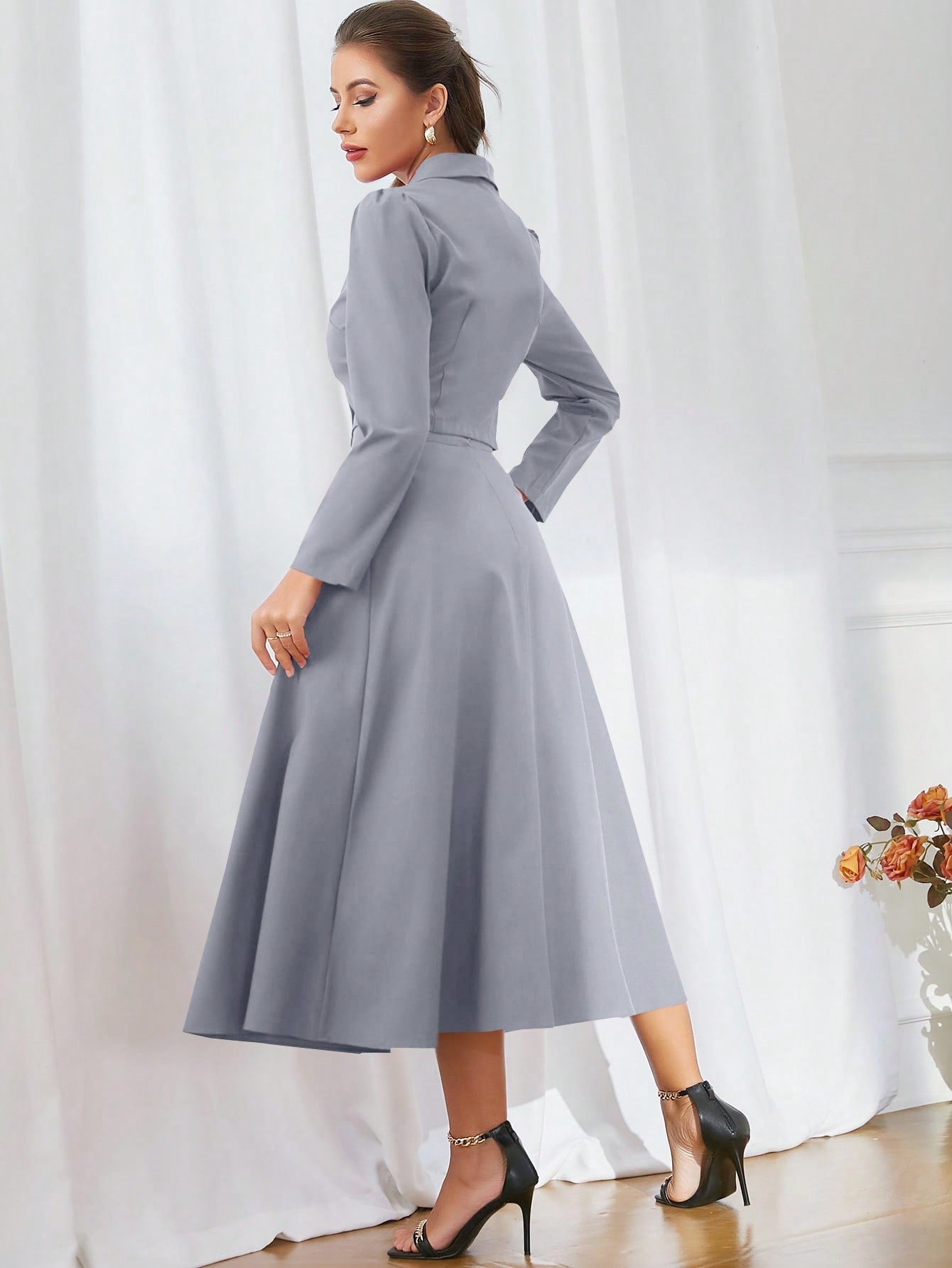 Modely Solid Color Shawl Collar Double Breasted Blouse And Skirt Suit - WestLine Apparel
