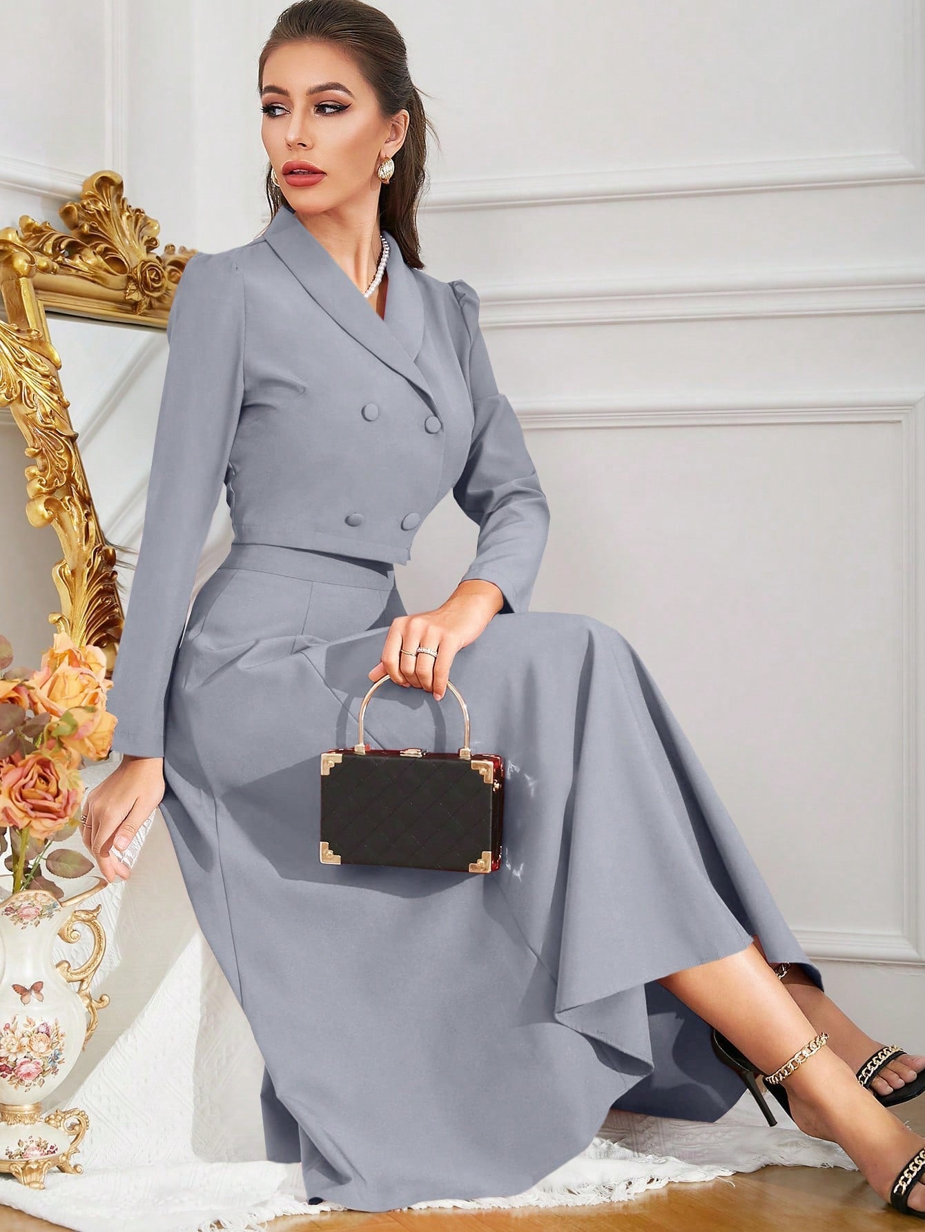 Modely Solid Color Shawl Collar Double Breasted Blouse And Skirt Suit - WestLine Apparel