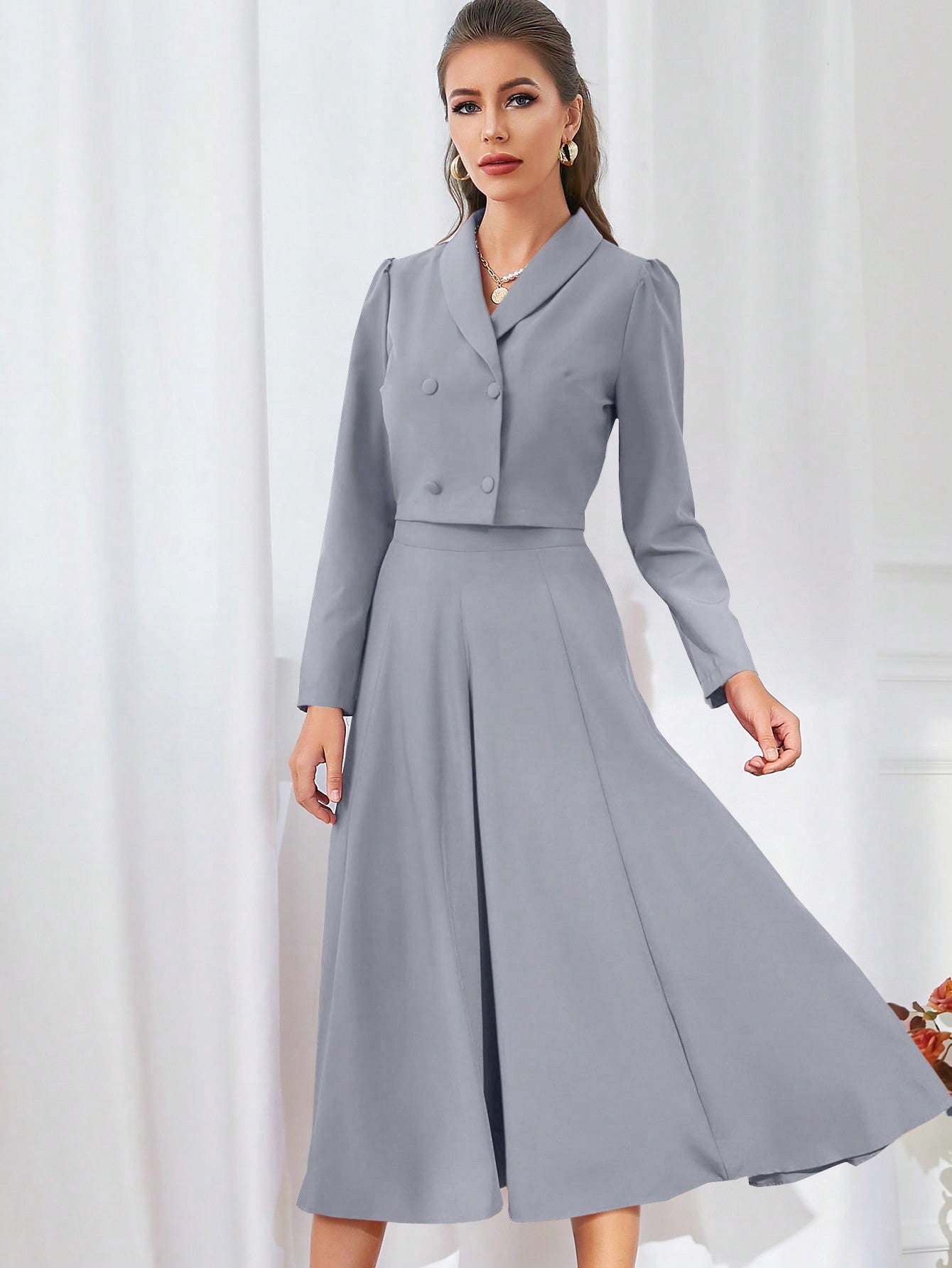 Modely Solid Color Shawl Collar Double Breasted Blouse And Skirt Suit - WestLine Apparel