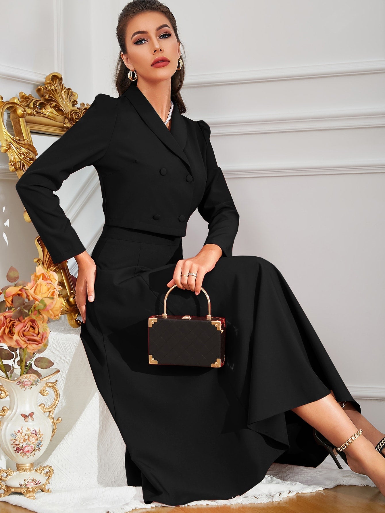 Modely Solid Color Shawl Collar Double Breasted Blouse And Skirt Suit - WestLine Apparel