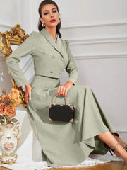 Modely Solid Color Shawl Collar Double Breasted Blouse And Skirt Suit - WestLine Apparel