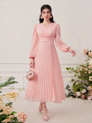 Modely Surplice Neck Lantern Sleeve Pleated Hem Dress - WestLine Apparel