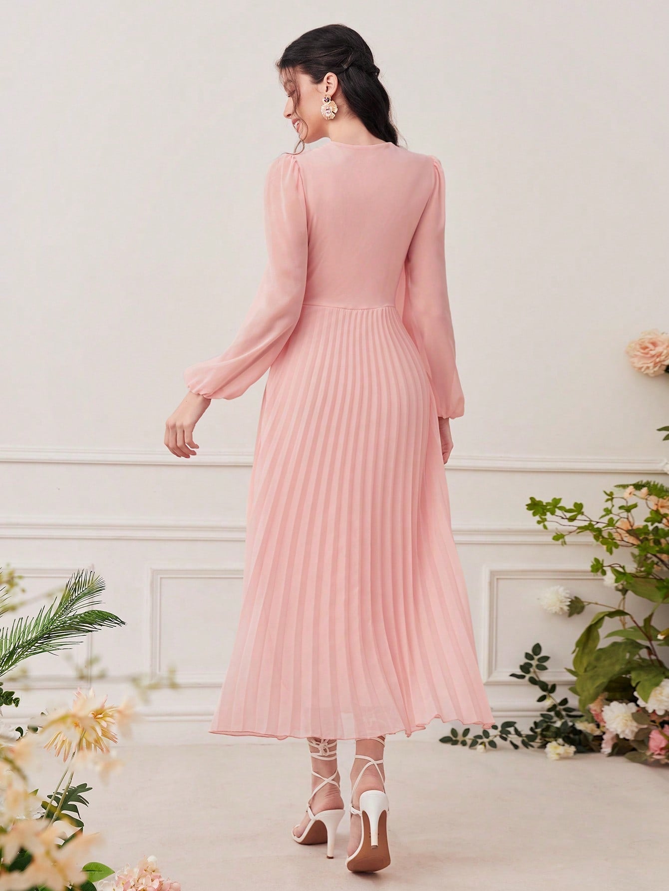 Modely Surplice Neck Lantern Sleeve Pleated Hem Dress - WestLine Apparel