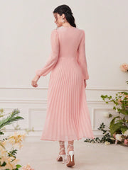 Modely Surplice Neck Lantern Sleeve Pleated Hem Dress - WestLine Apparel