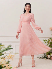 Modely Surplice Neck Lantern Sleeve Pleated Hem Dress - WestLine Apparel