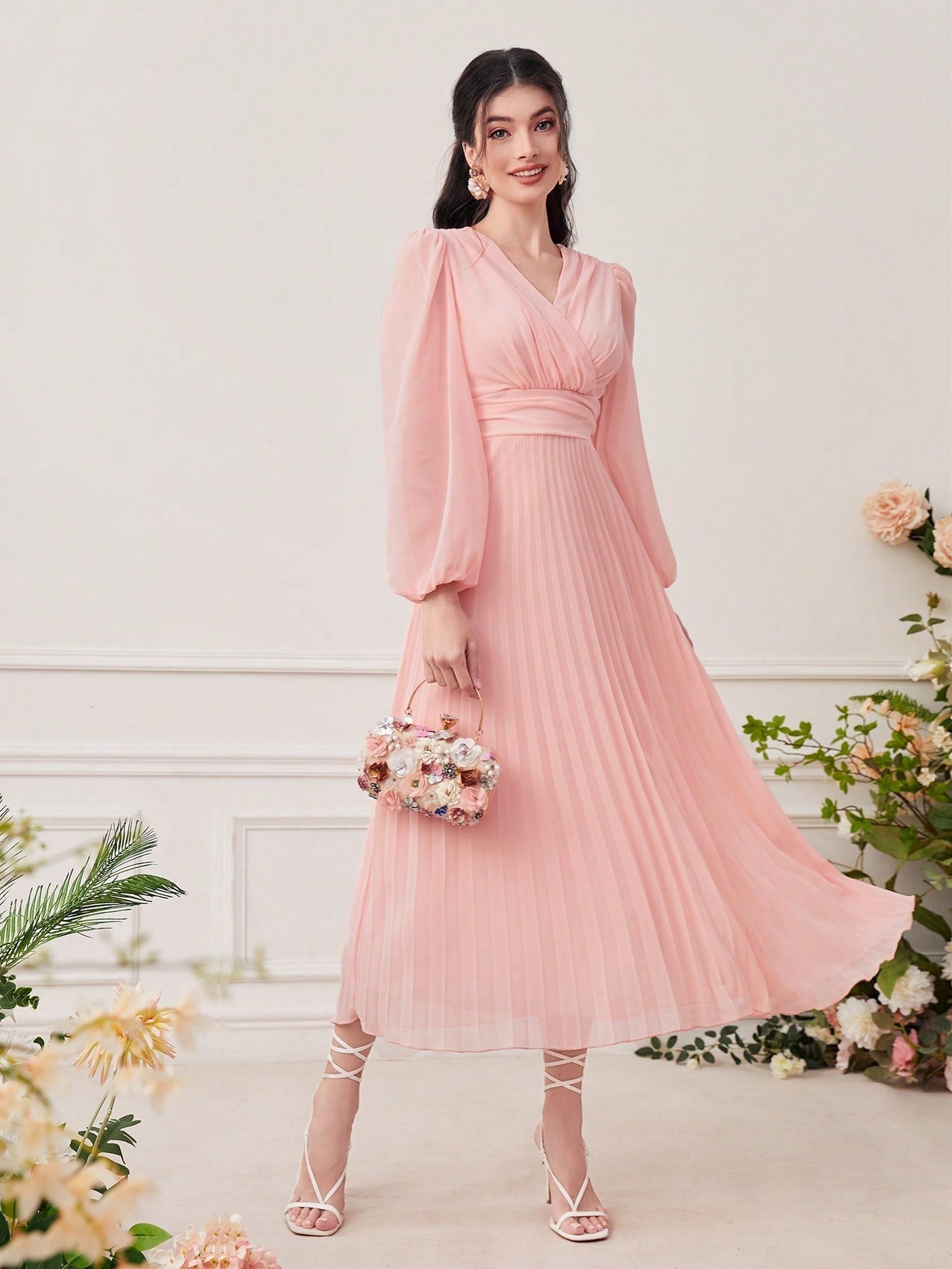 Modely Surplice Neck Lantern Sleeve Pleated Hem Dress - WestLine Apparel