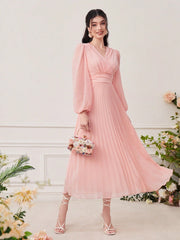 Modely Surplice Neck Lantern Sleeve Pleated Hem Dress - WestLine Apparel