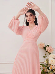 Modely Surplice Neck Lantern Sleeve Pleated Hem Dress - WestLine Apparel