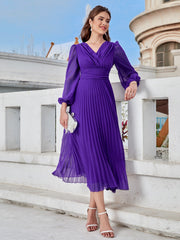 Modely Surplice Neck Lantern Sleeve Pleated Hem Dress - WestLine Apparel