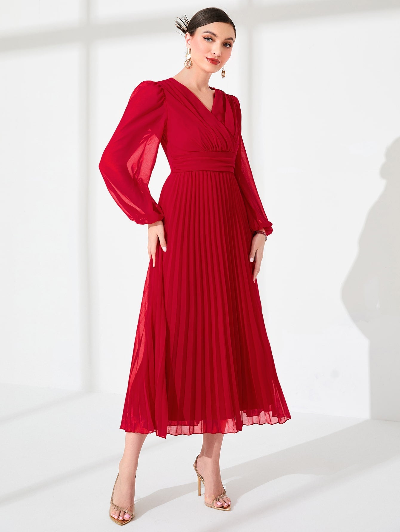 Modely Surplice Neck Lantern Sleeve Pleated Hem Dress - WestLine Apparel