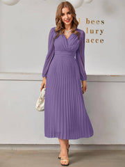 Modely Surplice Neck Lantern Sleeve Pleated Hem Dress - WestLine Apparel