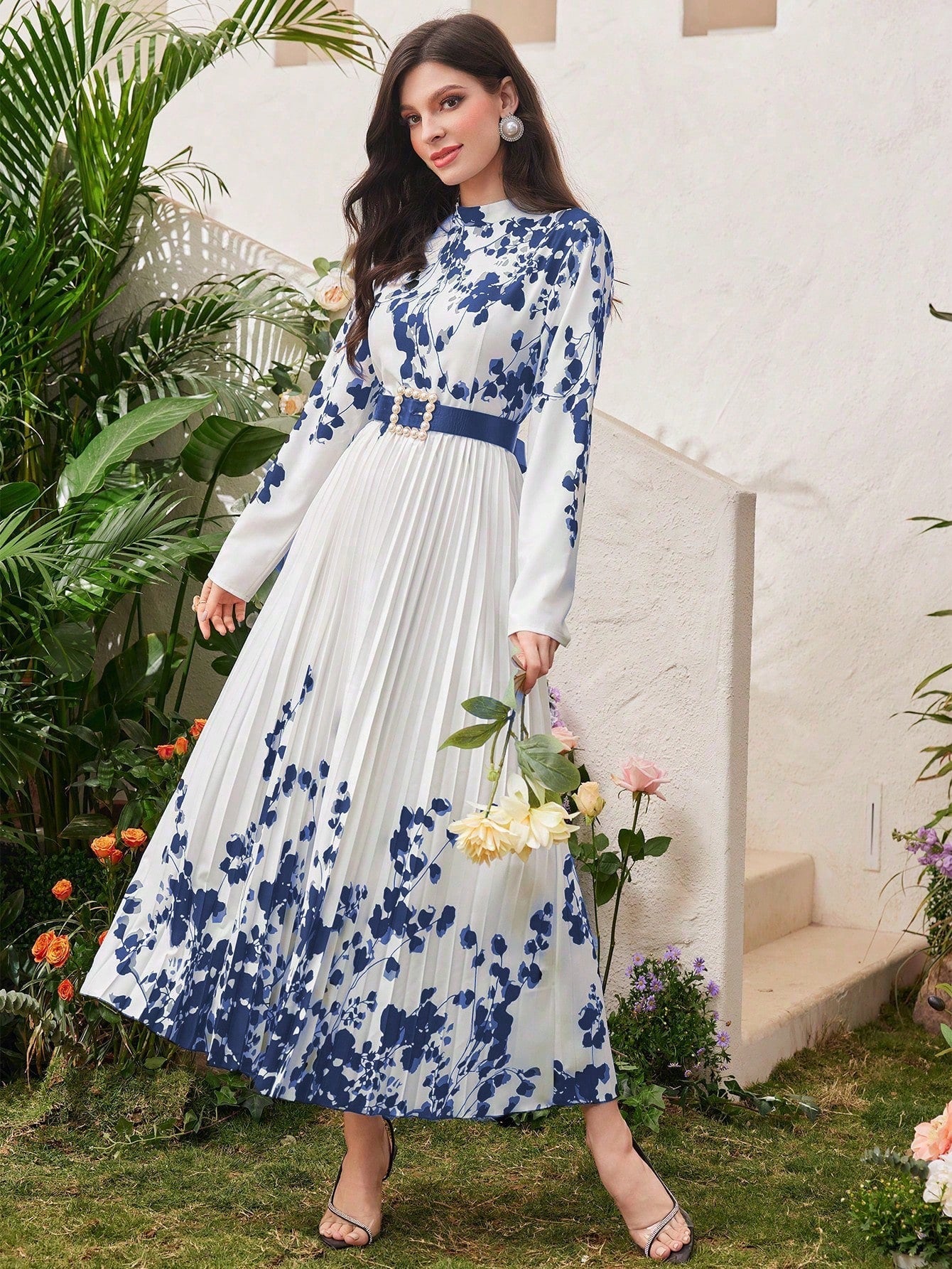 Modely Women Spring Floral Printed Long Sleeve Pleated Hem Maxi Dress - WestLine Apparel