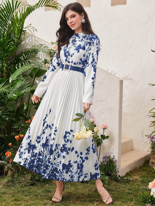 Modely Women Spring Floral Printed Long Sleeve Pleated Hem Maxi Dress - WestLine Apparel